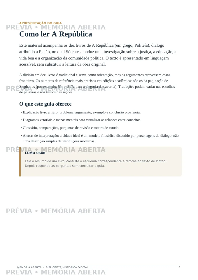 Primeira página de amostra do guia de Platão